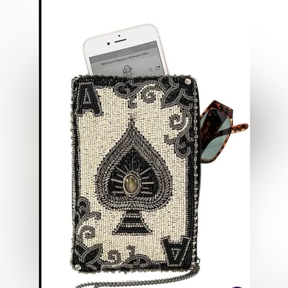 Mary Frances You’re Aces Cell Phone/Glass Black&Cream Beaded Crossbody Handbag - Picture 3 of 16